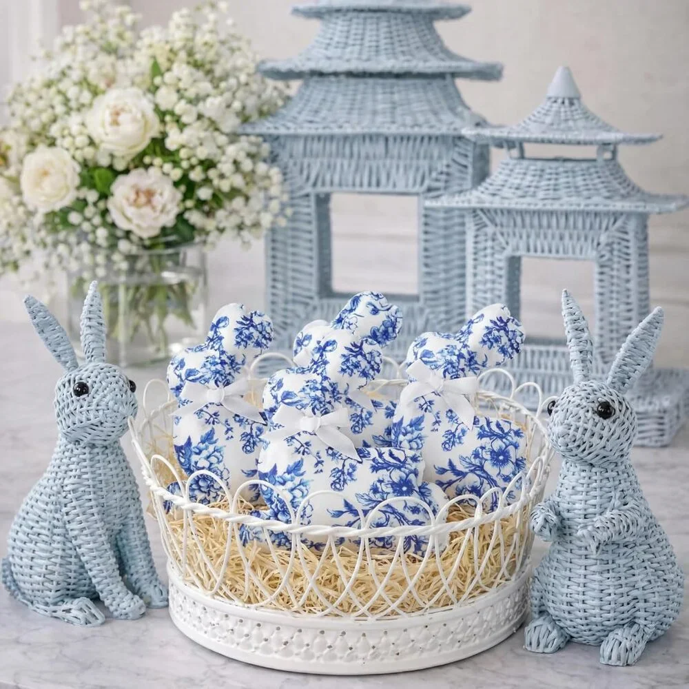12 Bunny Blue and White Fabric Farmhouse Stuffed Country Style